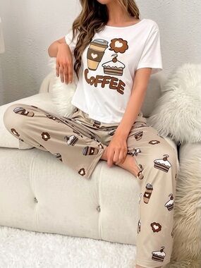Cozy Novelty Coffee Cake Print Women's Pajama Set Top Bottoms Pants L